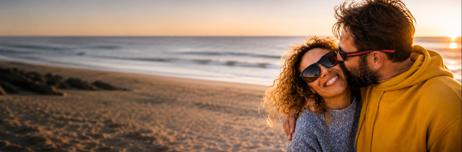 Smiling couple embracing on a beach at sunset