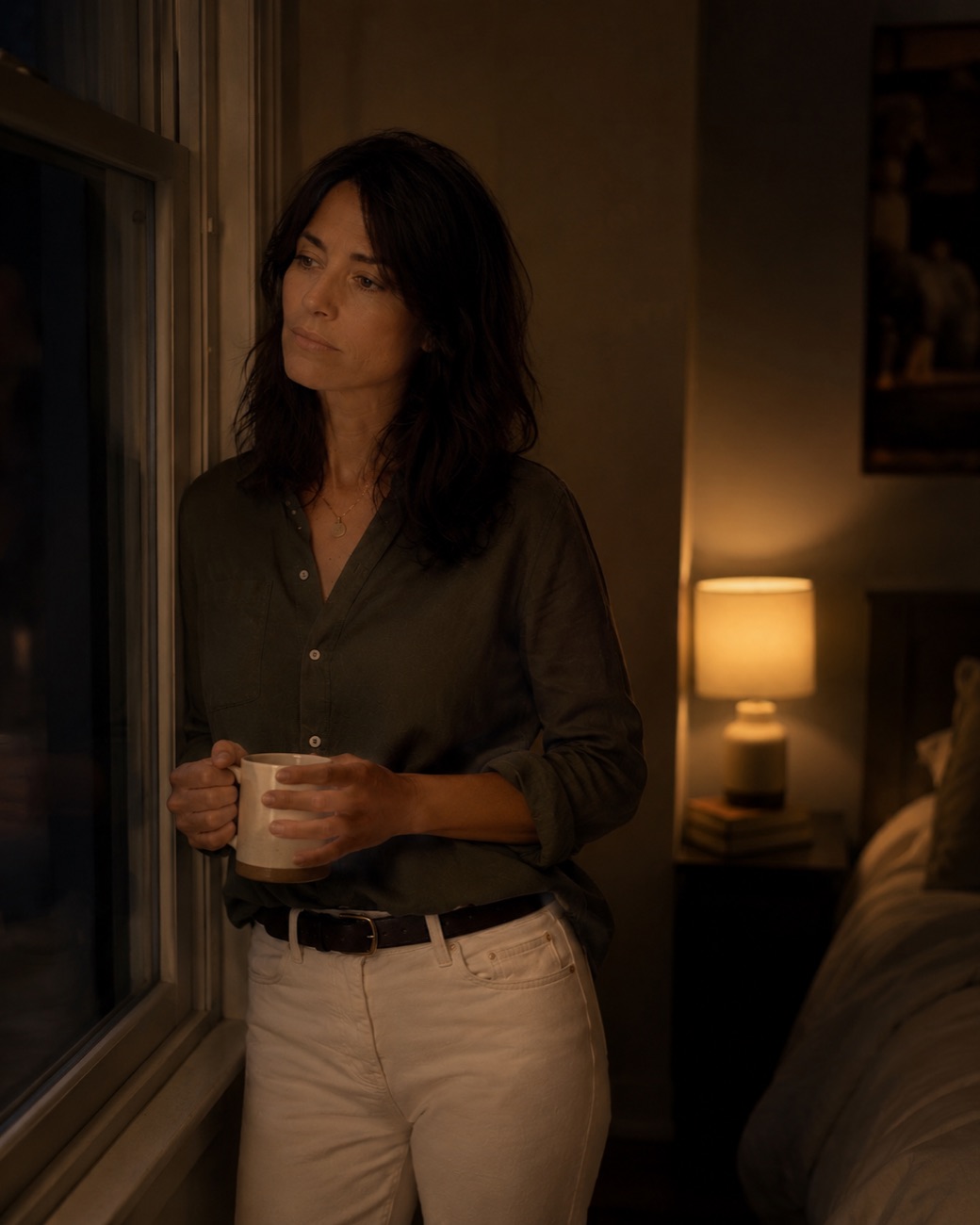 Woman holding a mug, standing by a window at night