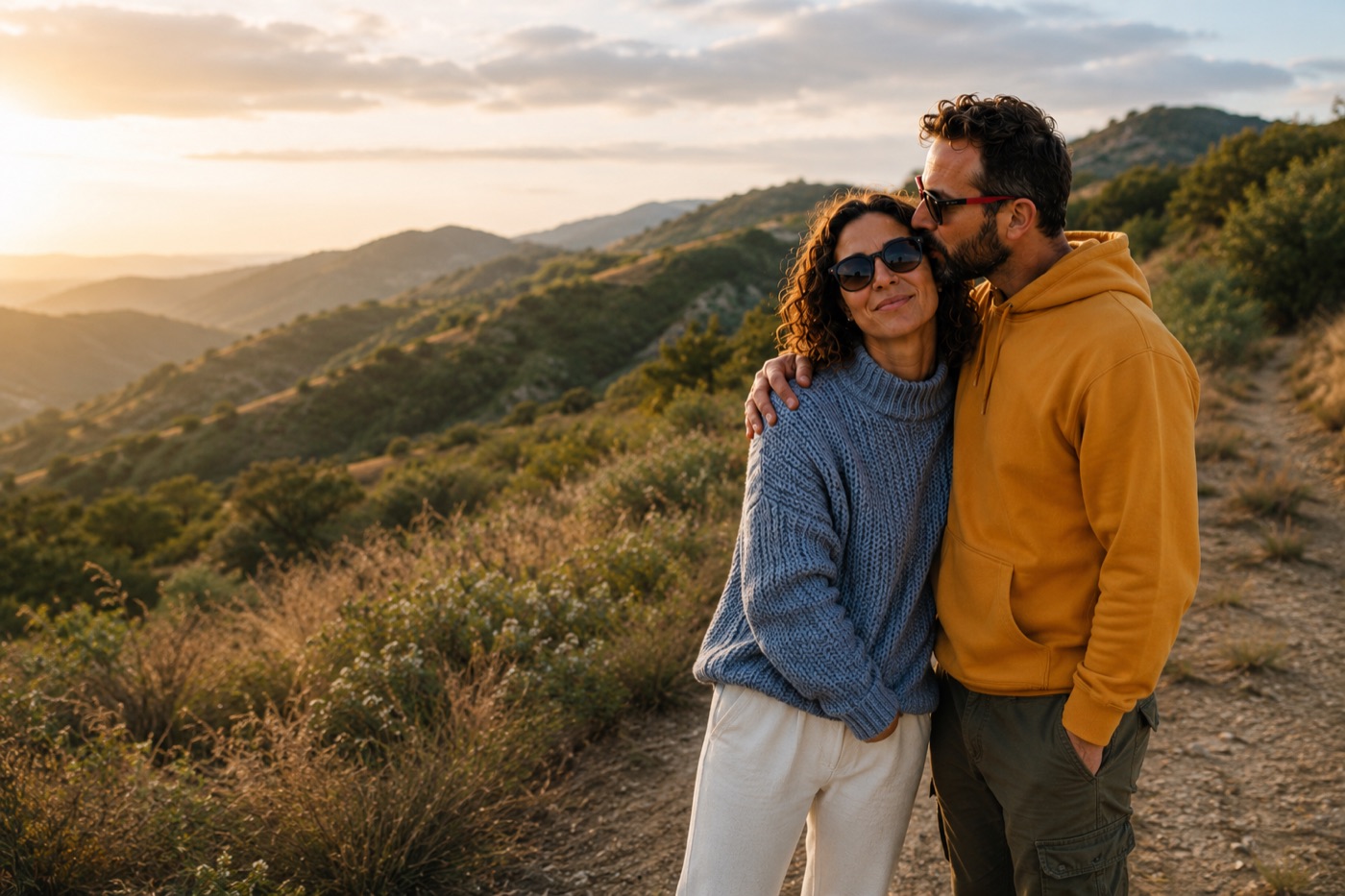 Couple embracing on a hillside at sunset
