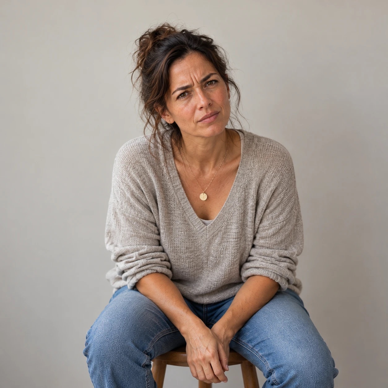 A woman sitting on a stool looking thoughtfully at the camera