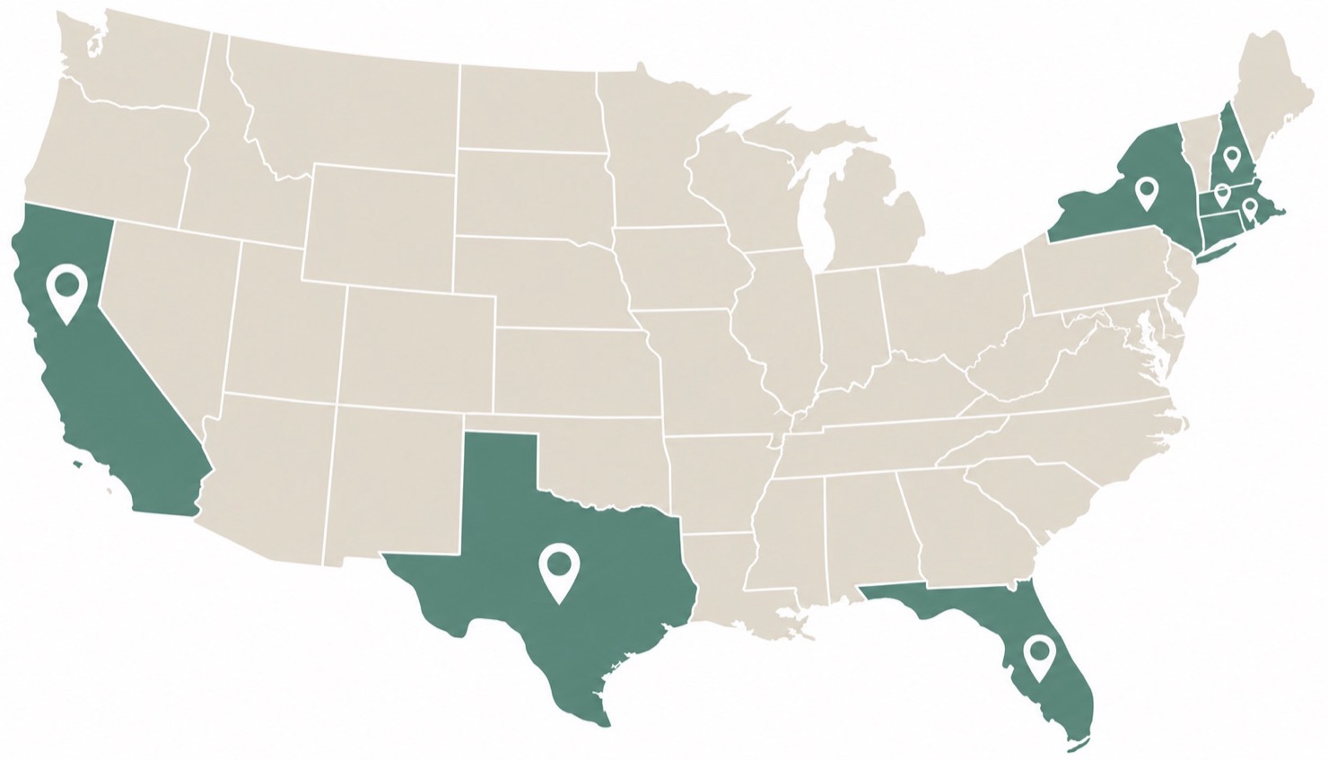 US map highlighting Massachusetts, California, Texas, Florida, New York, New Hampshire and Rhode Island