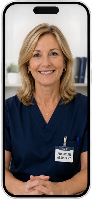 Physician assistant on a video visit shown on a phone