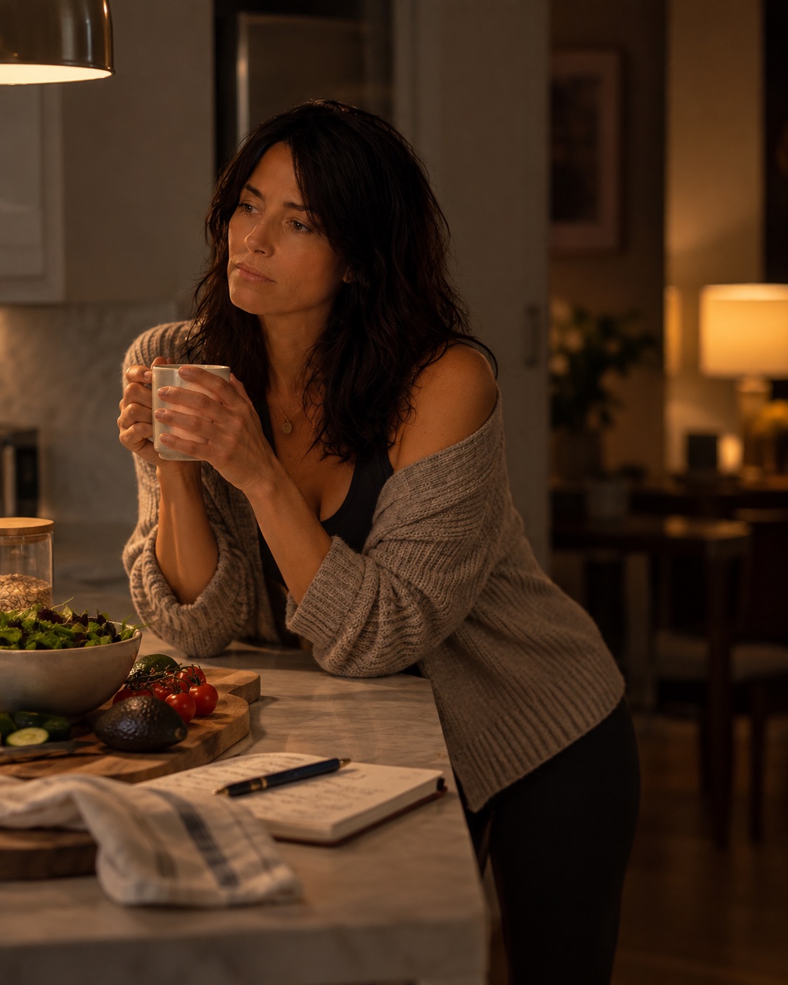 Woman holding a mug in a dim kitchen, looking thoughtful