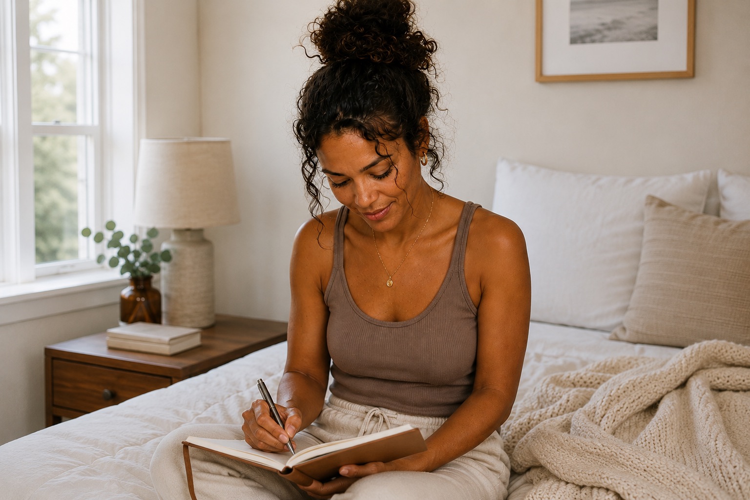 Woman journaling on her bed