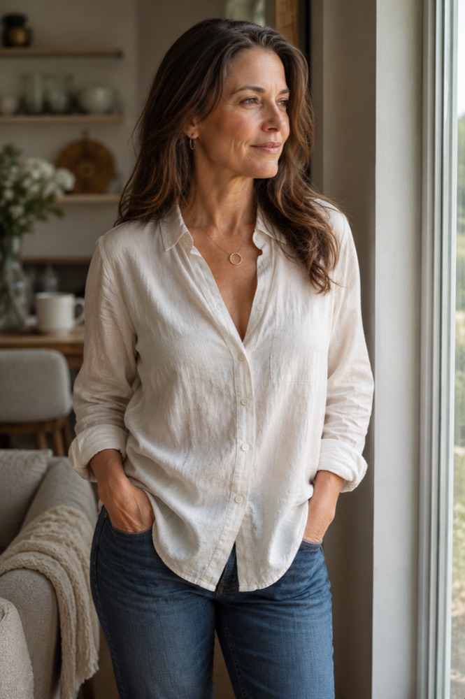 Woman standing by a window, smiling softly