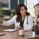 Clinician explains evidence about bioidentical hormones and cancer risk during a consultation