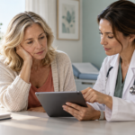 Clinician reviews hormone panel results with a woman experiencing persistent menopause fatigue