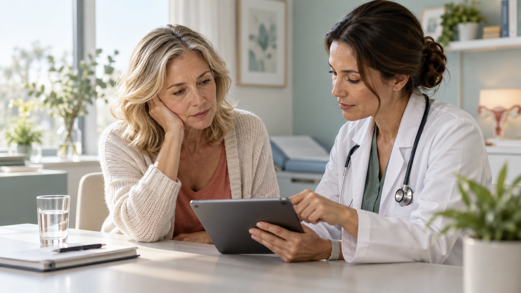 Clinician reviews hormone panel results with a woman experiencing persistent menopause fatigue