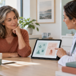 Woman compares non hormonal menopause treatment and HRT options with her clinician