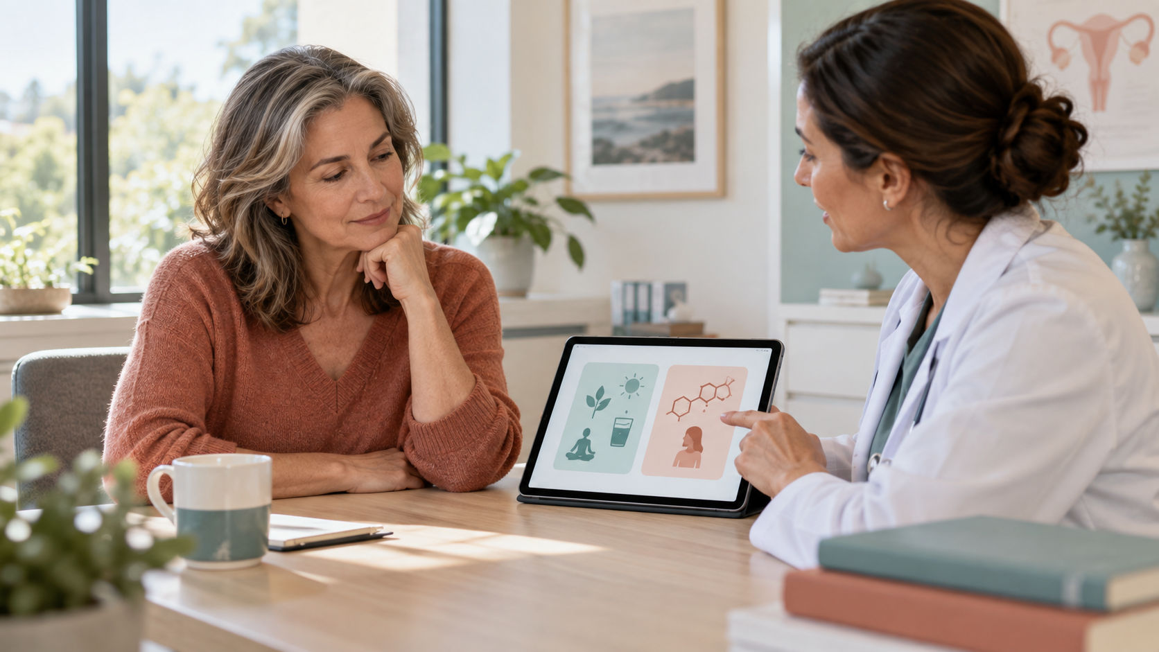 Woman compares non hormonal menopause treatment and HRT options with her clinician